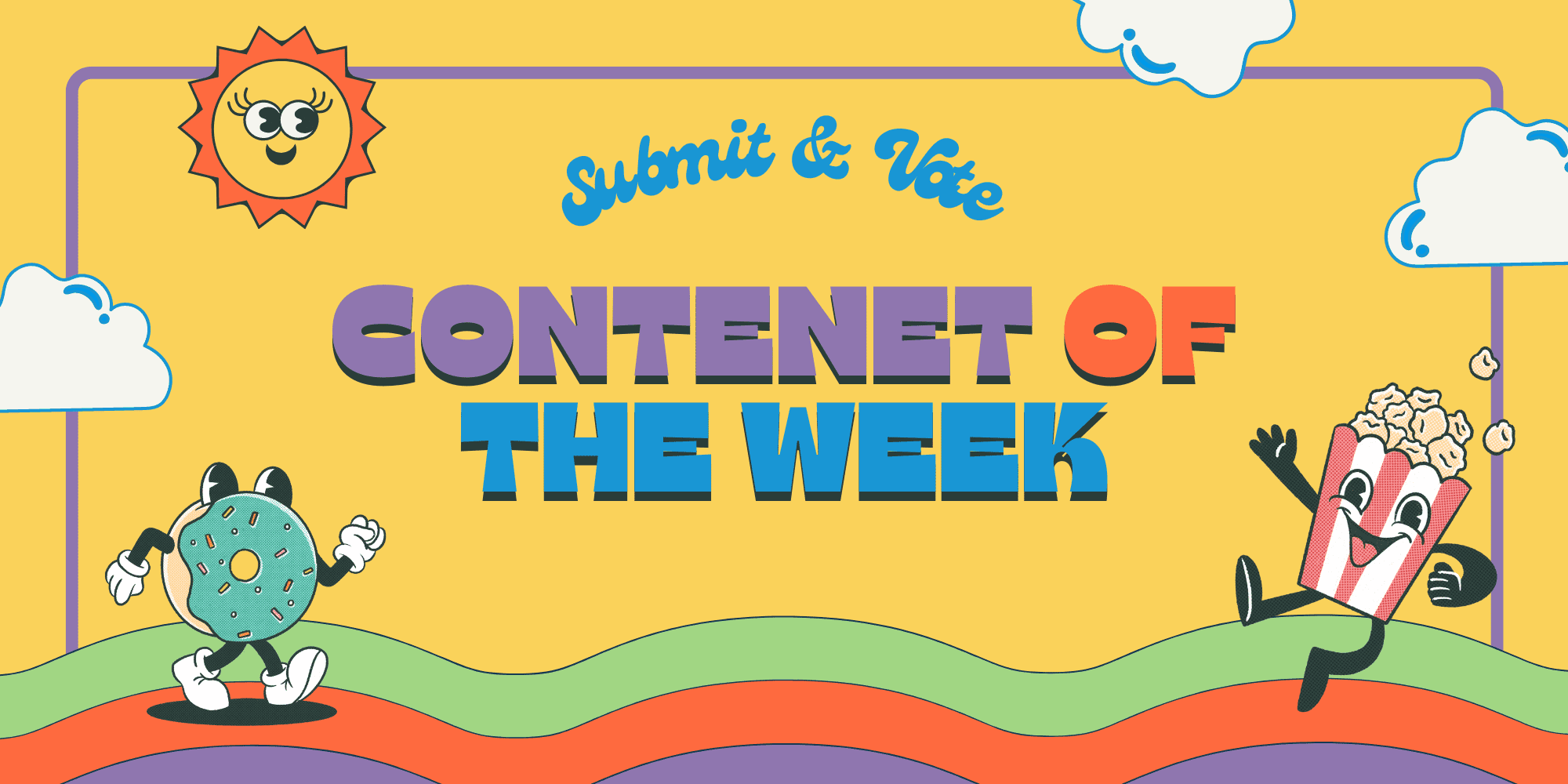 Content of the Week, Submit and Vote header image ( 90s Pop Retro with smiling sun and donut )